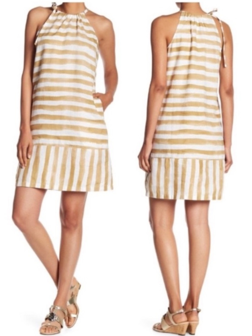 Tommy Bahama White Beige Striped Sundress 100% Linen Size Small Resortwear